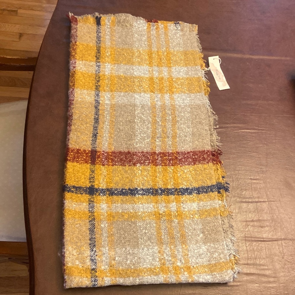 Beautiful Blanket scarf. Mustard red and beige with blue.